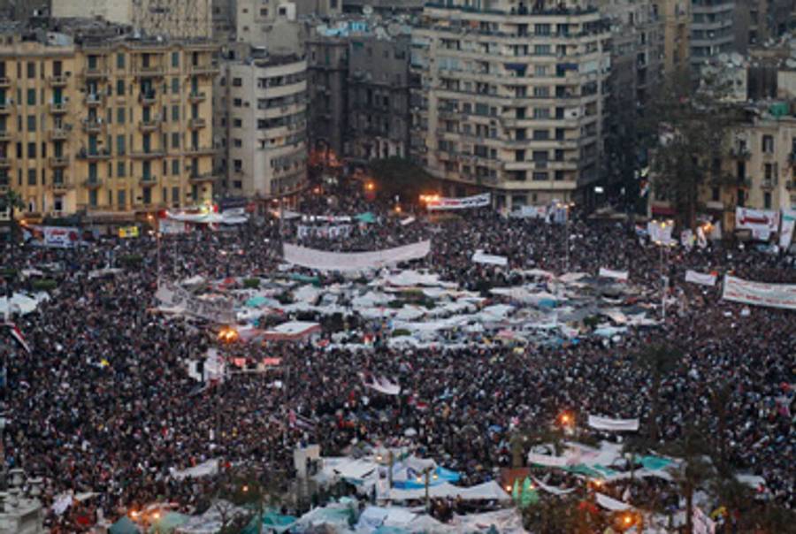 Protesters in Tahrir Square, Cairo, on February 8.(Chris Hondros/Getty Images)