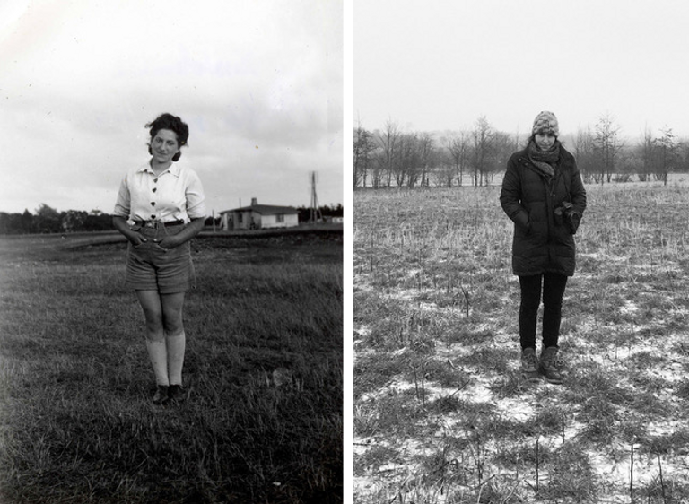 At left, Hana Dubova around 1942 in Denmark, where she found refuge after fleeing her homeland. Rachael Cerrotti in 2017, while retracing her grandmother’s wartime journey.