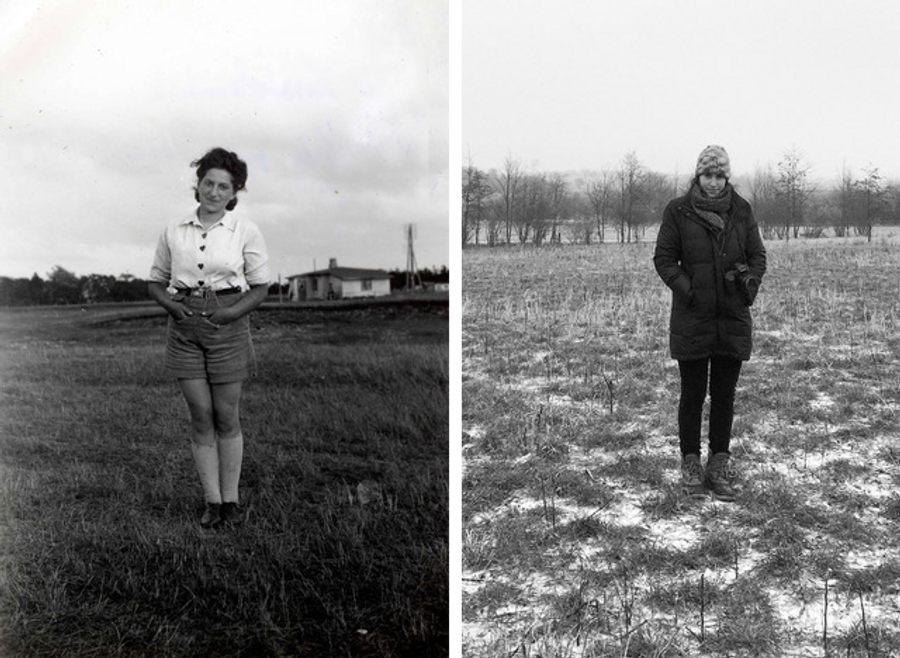 At left, Hana Dubova around 1942 in Denmark, where she found refuge after fleeing her homeland. Rachael Cerrotti in 2017, while retracing her grandmother’s wartime journey.