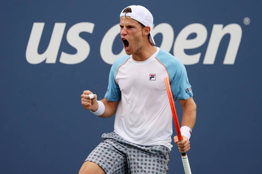 Diego Schwartzman of Argentina celebrates winning a break point against Ričardas Berankis of Lithuania during their men's singles first round match on Day One of the 2021 US Open 