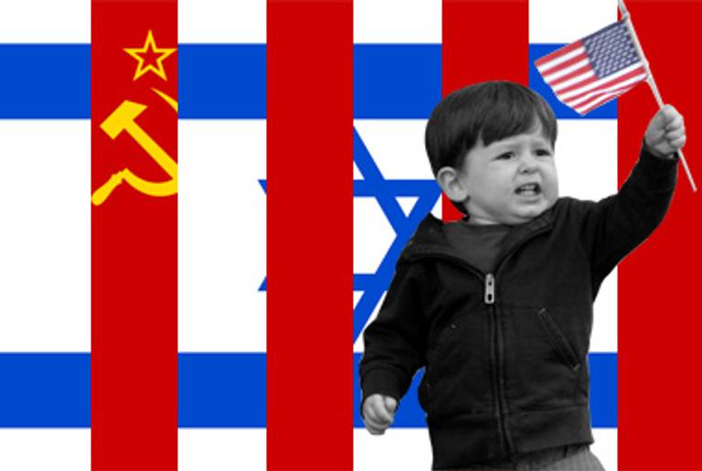 Geffen Braunstein waving an American flag after his Israeli father became a U.S. citizen.(Photoillustration: Tablet Magazine; Braunstein photo: Justin Sullivan/Getty Images)