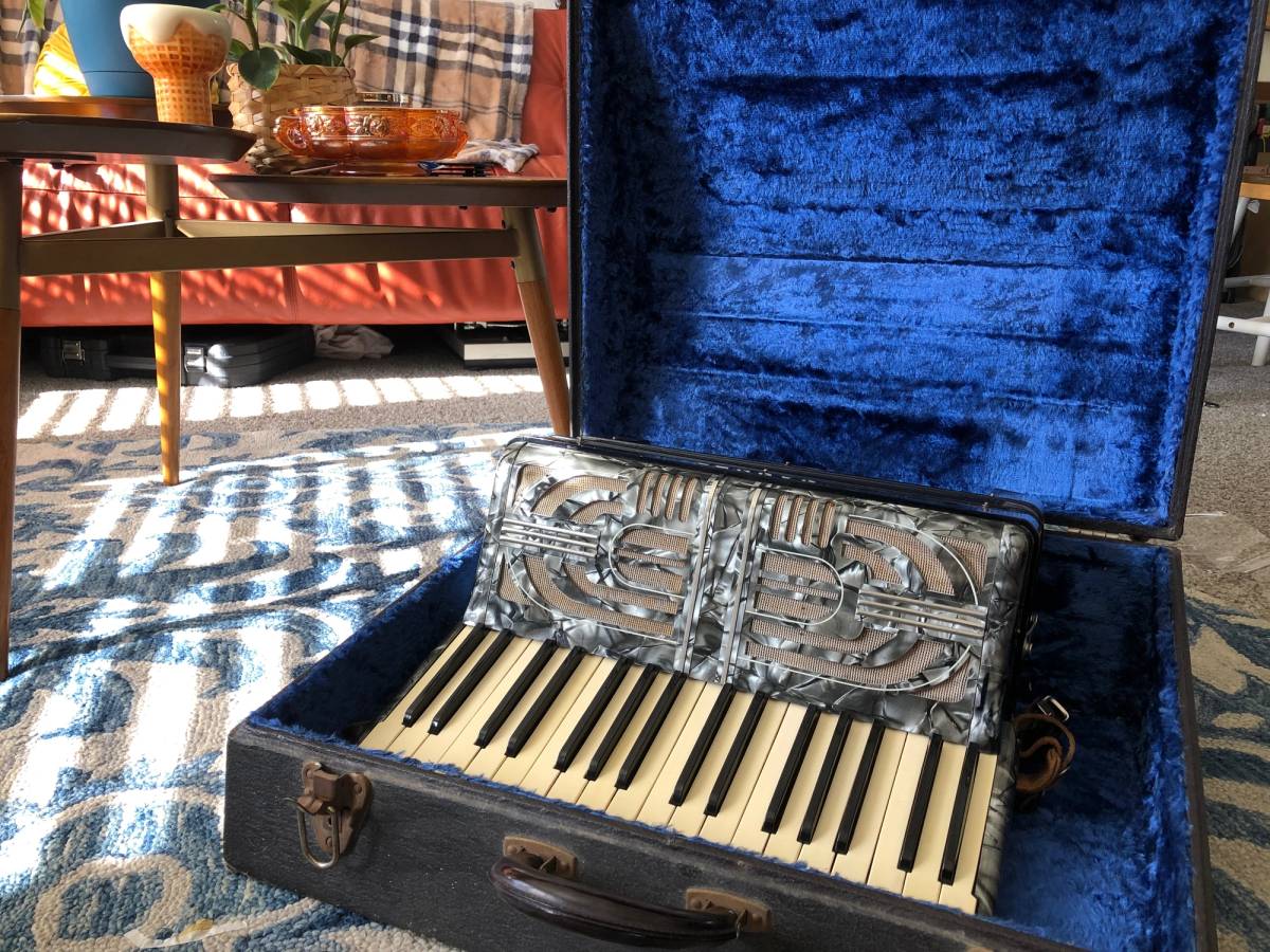 The accordion in its original case 