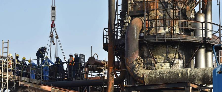 A damaged installation in Saudi Arabia's Abqaiq oil processing plant is pictured on Sept. 20, 2019