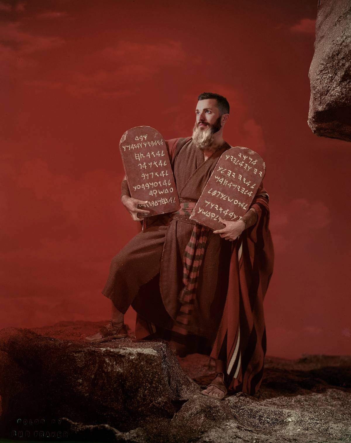 Steven x Moses. ‘The Ten Commandments,’ was Cecil B. DeMille’s last and most successful work of epic religious filmmaking, grossing, in today’s terms, over a billion dollars, and earning awards for Charlton Heston in the lead role. The painter Arnold Friberg designed Moses’ distinctive rust-and-black-striped robe—handwoven by Dorothea Hulse, one of the world’s finest weavers—without knowing that those are the colors of the Tribe of Levi. After the production, DeMille gave Moses’ robe to Friberg as a gift.