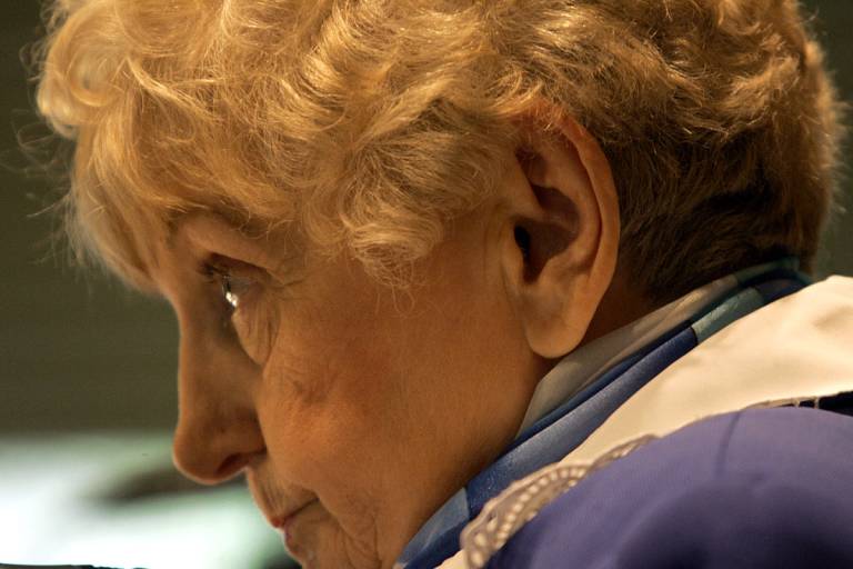 Eva Mozes Kor, who, along with her twin, was the subject of experiments by Dr. Joseph Mengele during WWII for the Nazis, speaking at a 2007 event