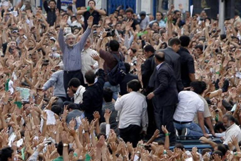 Opposition presidential candidate Mir Hossein Mousavi at a rally in Tehran today.(AFP/Getty Images)