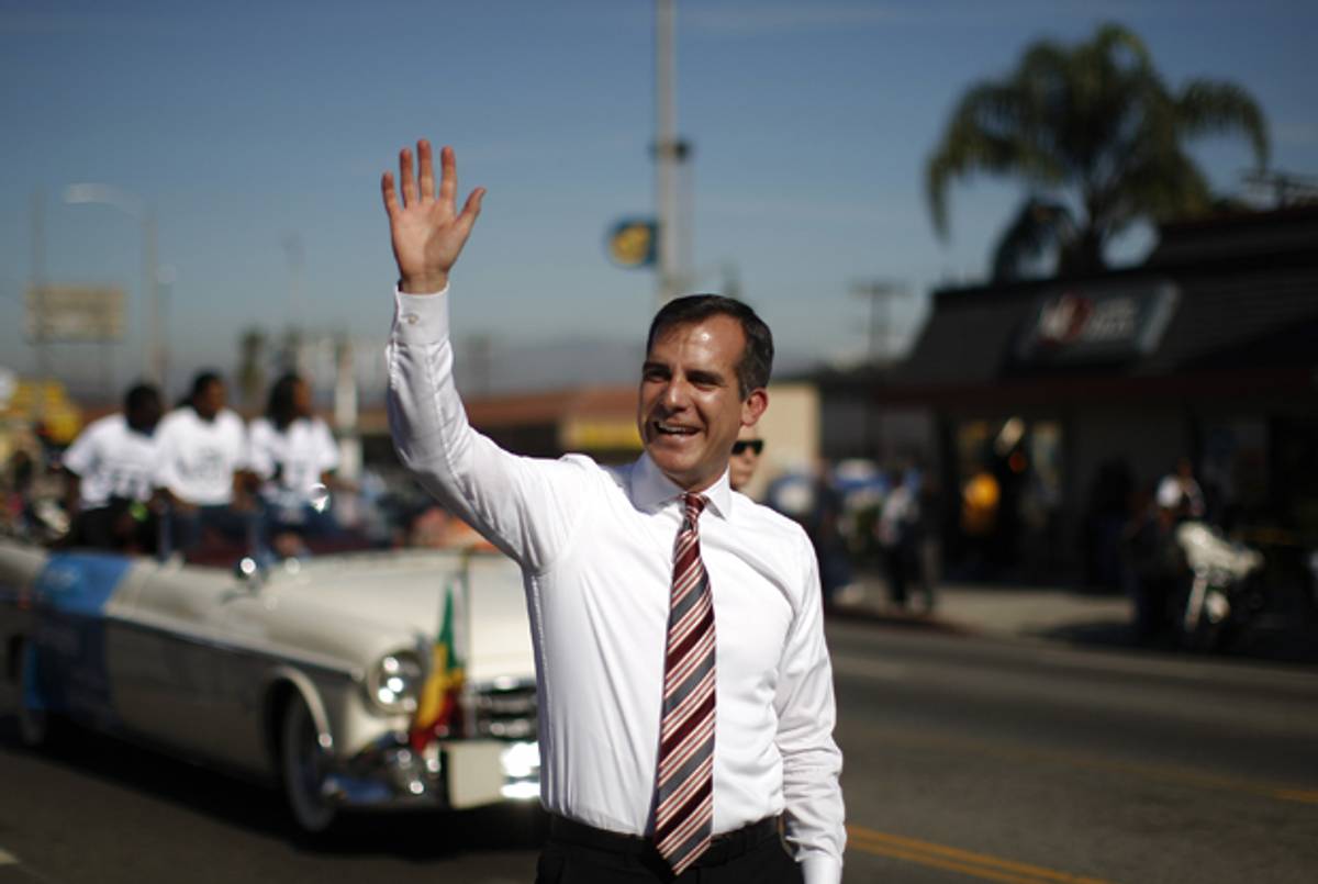 Los Angeles Mayor Eric Garcetti serves as grand marshal in the 29th annual Kingdom Day Parade on January 20, 2014 in Los Angeles, California. (David McNew/Getty Images)