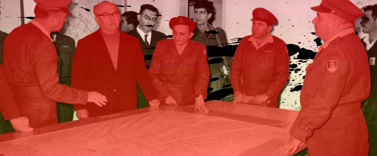 Prime Minister Levi Eshkol is briefed by generals (including his Chief of Staff Yitzhak Rabin) in 1967.