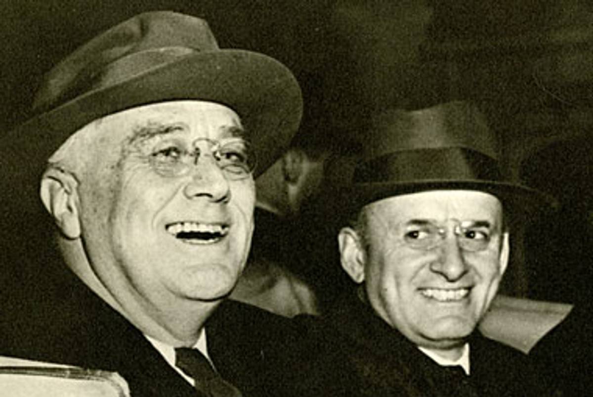Henry Morgenthau Jr. and Franklin D. Roosevelt riding in a car, c. 1940.(Museum of Jewish Heritage — A Living Memorial to the Holocaust)