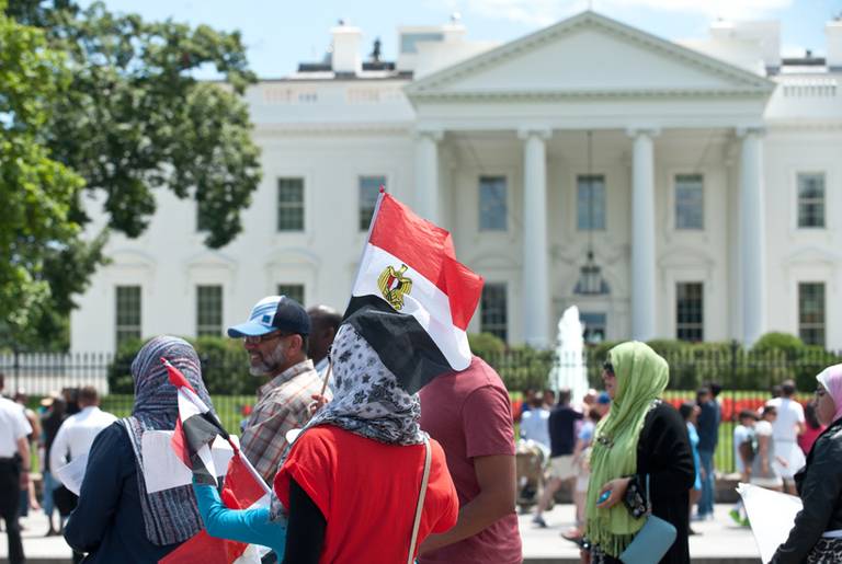 American-Egyptian supporters of ousted Egyptian president Mohamed Morsi demonstrate outside the White House in Washington on July 7, 2013. (Nicholas Kamm/AFP/Getty Images)