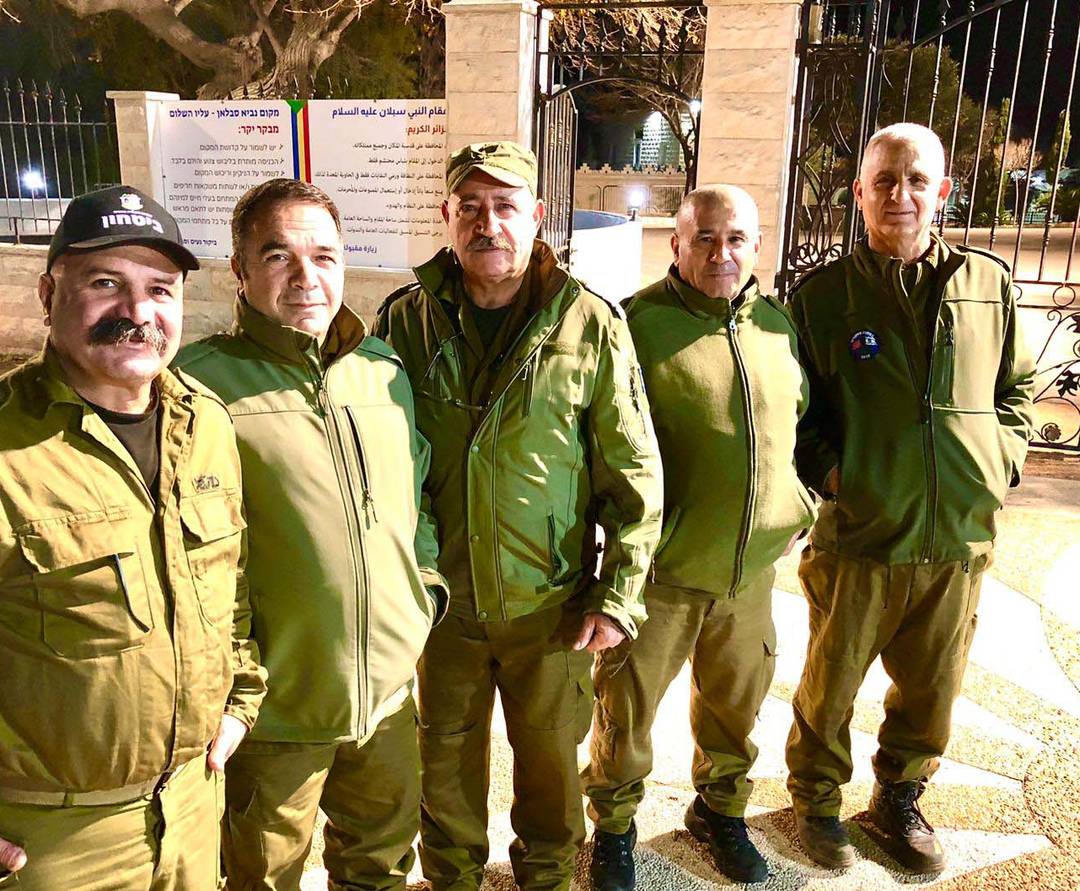 The security team in the Druze village of Hurfeish, at the Shrine of the Prophet Sabalan, on Jan. 8, 2024. From left: Yousef Gabis, Fawzi Gadban, Abdo Kadi, Habis Mrai, and Commander Falah Gadban.