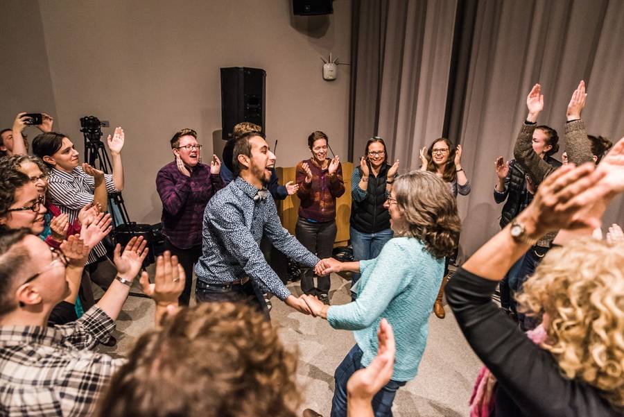 Community members from across the state of Maine dance after Havdalah at the Center for Small Town Jewish Life's 2019 Fall Shabbaton at Colby College