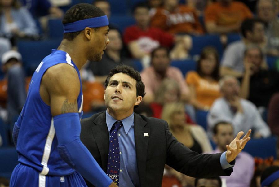 Memphis Tigers head coach Josh Pastner speaks with Will Coleman during the second-round game against the Arizona Wildcats in the 2011 NCAA men's basketball tournament on March 18, 2011 in Tulsa, Okla.(Ronald Martinez/Getty Images)