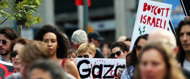 Demonstrators in lower Manhattan protest against Israel's recent military campaign in Gaza on July 24, 2014 in New York City.