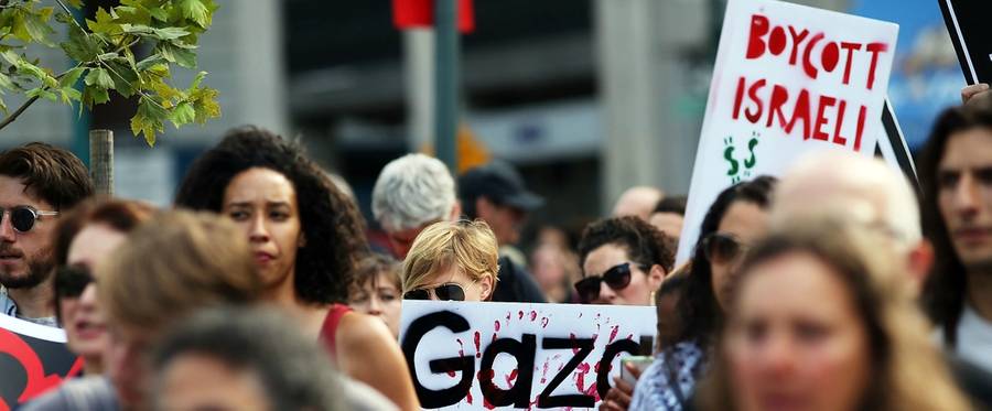 Demonstrators in lower Manhattan protest against Israel's recent military campaign in Gaza on July 24, 2014 in New York City.