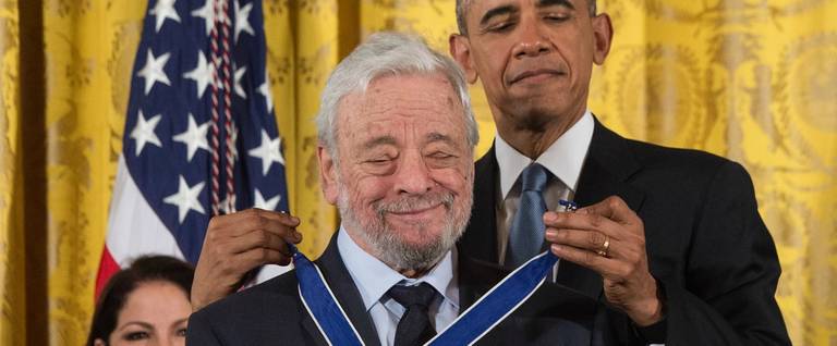 U.S. President Barack Obama presents the Presidential Medal of Freedom to theater composer and lyricist Stephen Sondheim at the White House in Washington, D.C, November 24, 2015. 