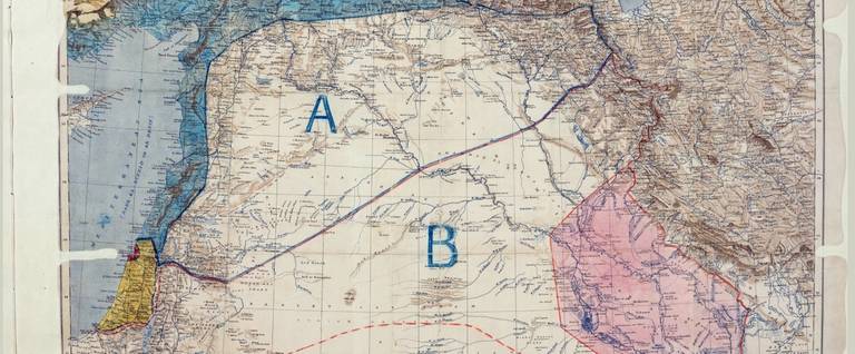 Map of Sykes–Picot Agreement showing Eastern Turkey in Asia, Syria and Western Persia, and areas of control and influence agreed between the British and the French. Signed by Mark Sykes and François Georges-Picot on May 8, 1916. 