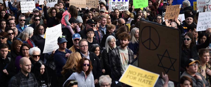 People protest the arrival of U.S. President Donald Trump as he visits the Tree of Life Congregation on Oct. 30, 2018, in Pittsburgh 
