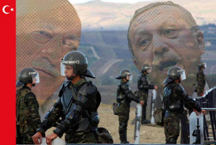 Fethullah Gulen, at left, Recep Tayyip Erdogan, and the Silivri district prison in Istanbul during the 2008 trial there of 86 suspects in the Ergenekon affair.(Photoillustration: Tablet Magazine; Gülen photo: Fethullah-gulen.org; Erdogan photo: Adem Altan/AFP/Getty Images; background photo: Sezayi Erken/AFP/Getty Images)
