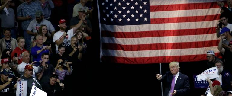 Republican presidential nominee Donald Trump acknowledges supporters at a rally at Xfinity Arena in Everett, Washington, August 30, 2016. 