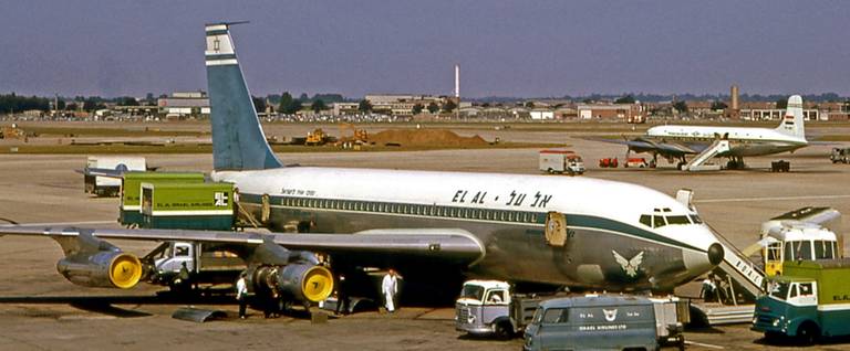 An El Al Boeing 720 in Heathrow Airport in London, England in 1964. 