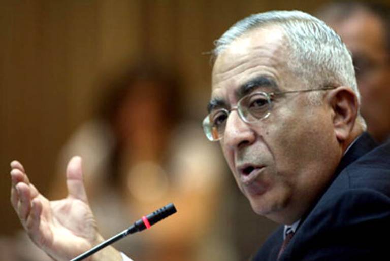 Fayyad announcing his plan for a de facto Palestinian state at a press conference in his Ramallah office, August 25, 2009.(Abbas Momani/AFP/Getty Images)