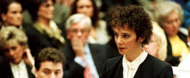 Deputy district attorney Marcia Clark gestures as she addresses the jury with the prosecutions opening statements in the O.J. Simpson murder trial, Los Angeles, California, January 24, 1995.