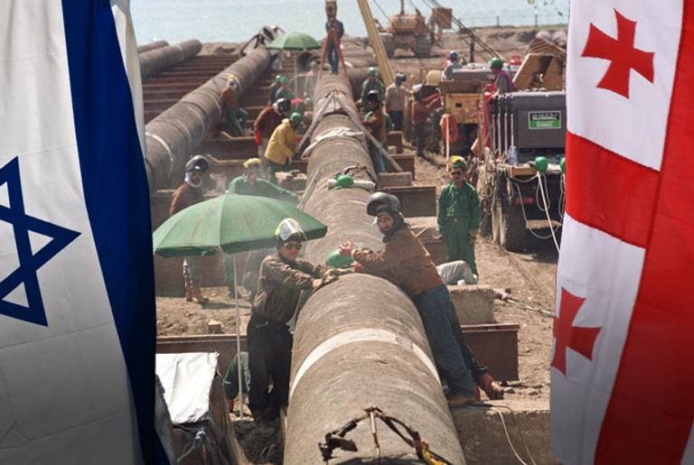 A Georgian oil pipeline, and the Israeli and Georgian flags.(Collage: Tablet Magazine; pipeline: Staton R. Winter/Getty Images; Georgian flag: Shutterstock.com; Israeli flag: Shutterstock.com)