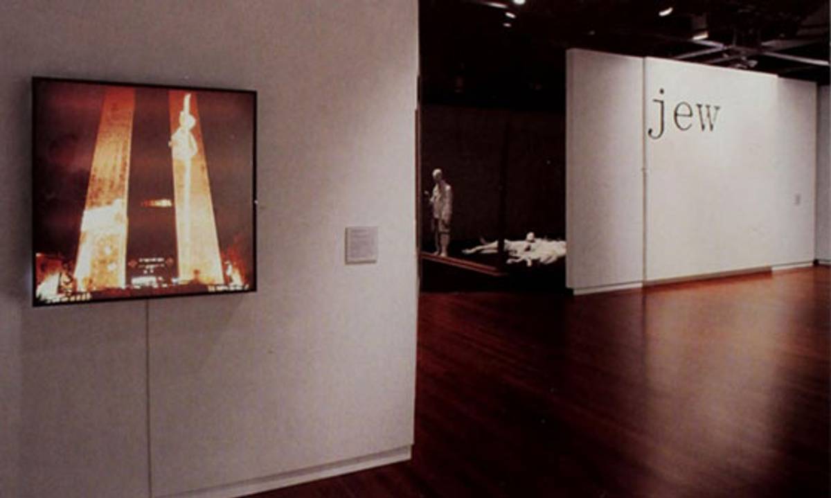 Installation view of ‘Culture and Continuity: The Jewish Journey,’ 2003, featuring William Anastasi (American, b. 1933), ‘Untitled (jew),’ 1987, oil on canvas