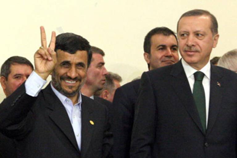 President Ahmadinejad and Turkish Prime Minister Recep Tayyip Erdogan yesterday.(Atta Kenare/AFP/Getty Images)