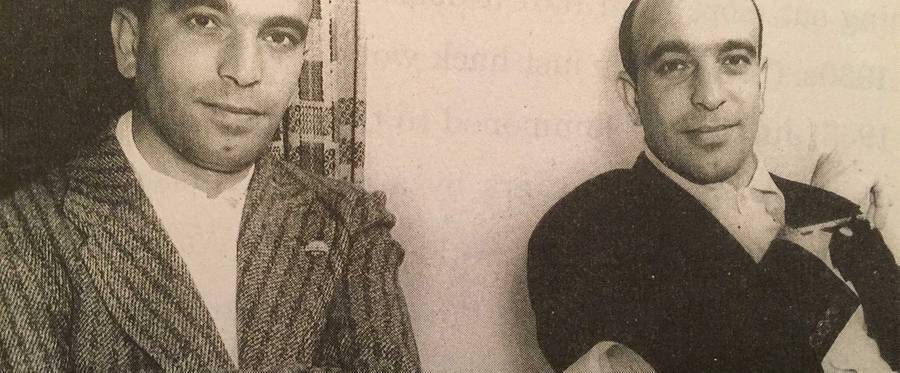 Julius J. Epstein, left, and Philip G. Epstein, at the office at Jack Warner's in Burbank, California, undated.
