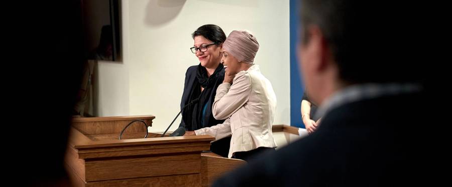 U.S. Reps. Ilhan Omar (D-MN) and Rashida Tlaib (D-MI) hold a news conference on August 19, 2019 in St. Paul, Minnesota.