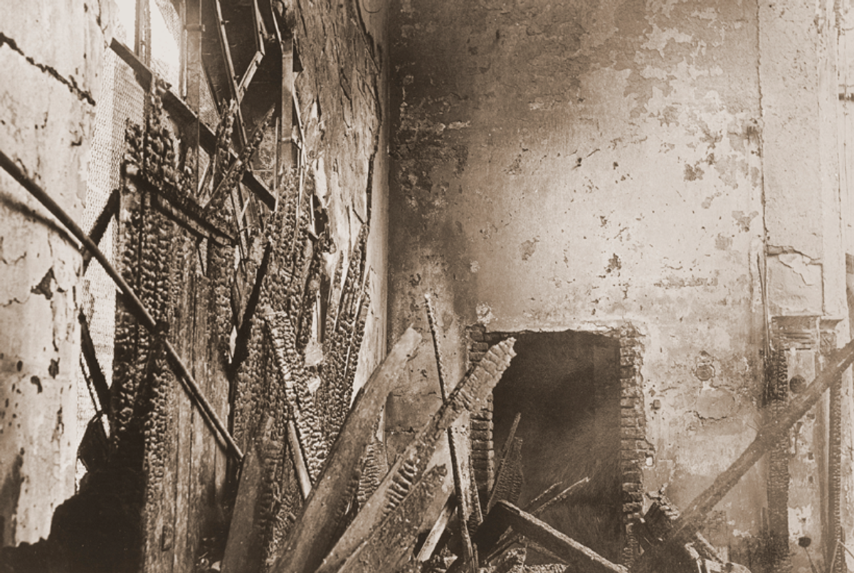 View of the old synagogue in Aachen after its destruction on Kristallnacht.(Stadtarchiv Aachen)