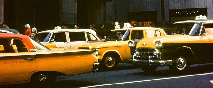 Taxis at 30 Rockefeller Plaza, 1960. 