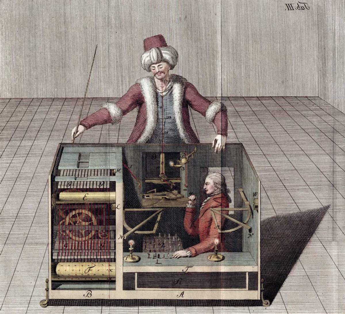 The Mechanical Turk,  a fraudulent chess-playing machine constructed in 1770, which appeared to be able to play a strong game of chess against a human opponent