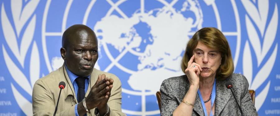 Doudou Diene (L) and  2014 Gaza conflict commission chair Mary McGowan Davis, in Geneva on June 22, 2015. 