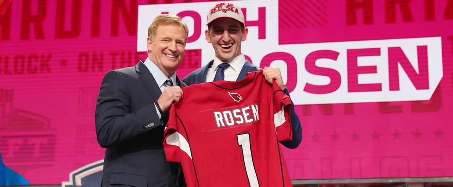 Josh Rosen of UCLA poses with NFL Commissioner Roger Goodell after being picked #10 overall by the Arizona Cardinals during the first round of the 2018 NFL Draft at AT&T Stadium on April 26, 2018 in Arlington, Texas.