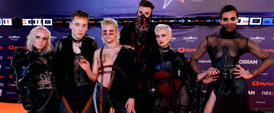 Iceland's Hatari poses for a picture during the red carpet ceremony of the 64th edition of the Eurovision Song Contest in Tel Aviv, 2019. 