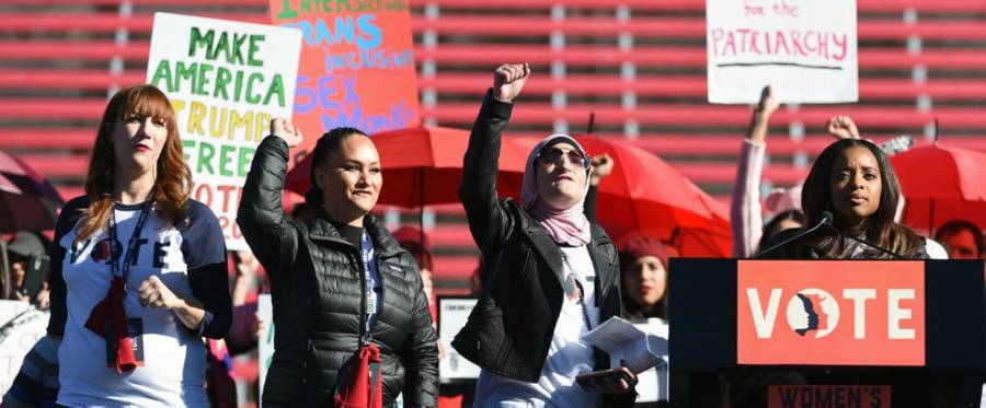Women's March Co-Chairwomen Bob Bland, Carmen Perez, Linda Sarsour, and Tamika D. Mallory speak during the Women's March 'Power to the Polls' voter registration tour on Jan. 21, 2018, in Las Vegas. 