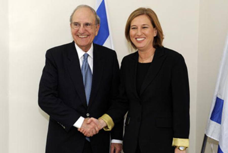 Livni and U.S. envoy George Mitchell last month.(Matty Stern/U.S. Embassy Tel-Aviv via Getty Images))
