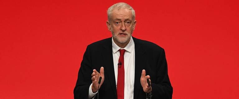 Labour Leader Jeremy Corbyn addresses delegates on the final day of the Labour Party conference on September 26, 2017 in Brighton, England. Mr Corbyn is expected to speak about his party's new policies and present Labour as a government in waiting in his keynote address.