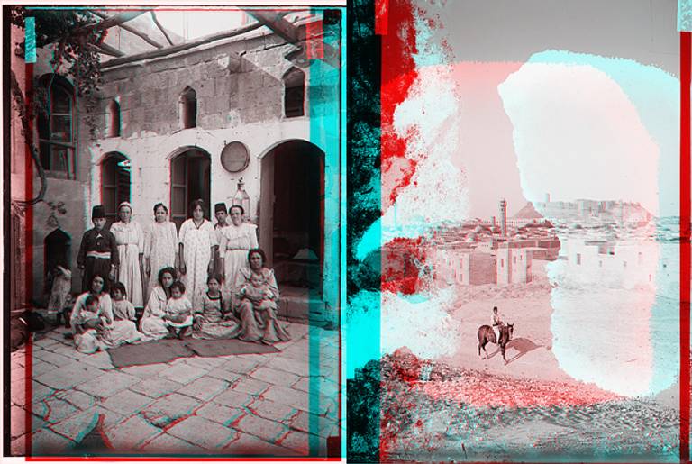 Jewish family in Aleppo (left) and the Aleppo Citadel seen from the southwest, c. 1910. The original stereographic images have been altered into an anaglyph. When viewed through red-cyan glasses, the above image will produce a stereoscopic 3D effect.(Anaglyphs Tablet Magazine; original photos Library of Congress)