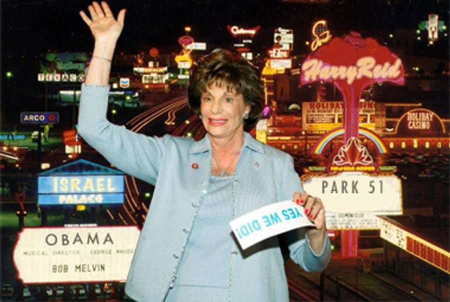 Shelley Berkley's Las Vegas.(Collage: Tablet Magazine; Berkley photo: Ethan Miller/Getty Images; Las Vegas strip: Flickr/Roadsidepictures)