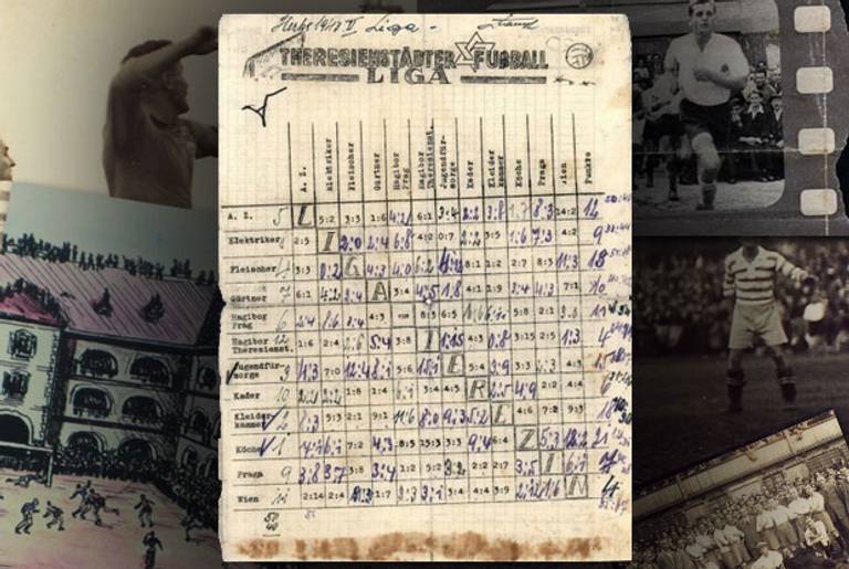 1943 Theresienstadt league results and standing, showing that "Kuche" (i.e., workers from the kitchen) won first place.(Collage Tablet Magazine, original images courtesy of the author and Danielle Mahrer.)