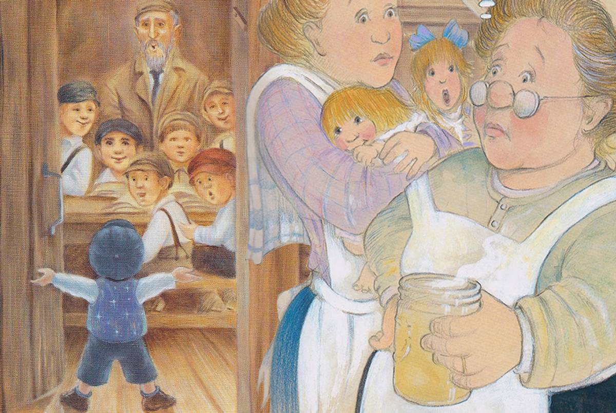 Joseph in Something From Nothing (Scholastic, 1992) and Rivka’s family in Rivka’s First Thanksgiving (Simon & Schuster, 2001).(Collage Tablet Magazine; original illustrations Phoebe Gilman and Maryann Kovalski)