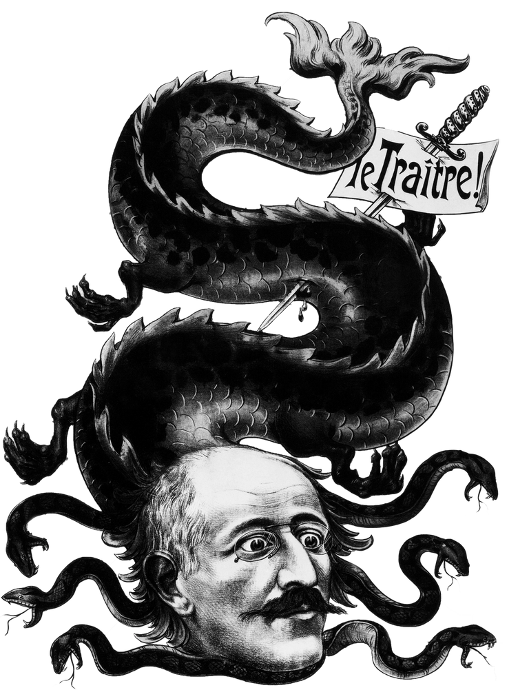 'The Traitor,' V. Lenepveu, 1900, drawn as part of a hostile campaign named 'The Museum of Horrors,' a series of 51 posters portraying Dreyfus and his supporters as grotesque hybrids of man and beast